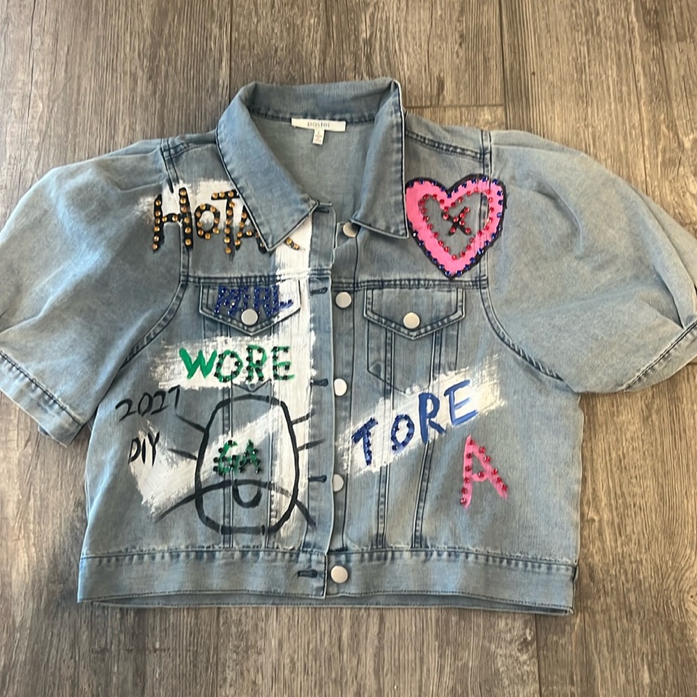 Denim short sleeve light denim embellished jacket